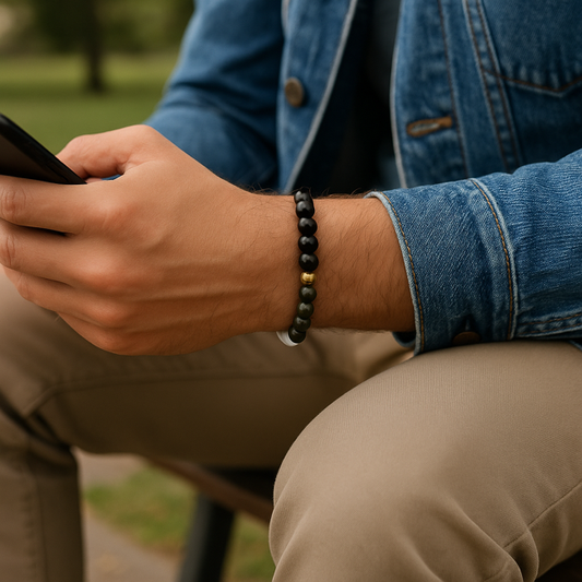 Bracelet en howlite, agate noire et pyrite
