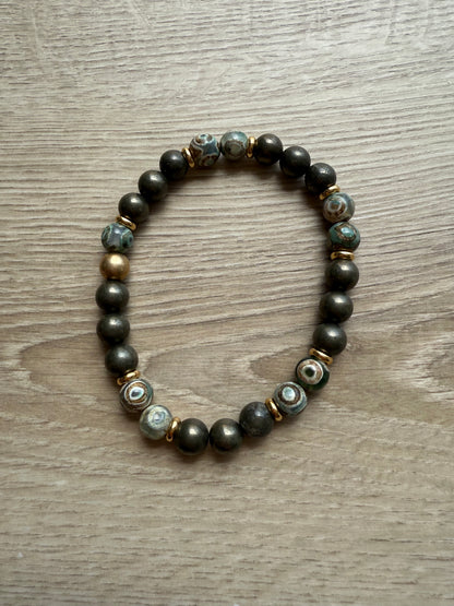 Bracelet en agate tibétaine et pyrite