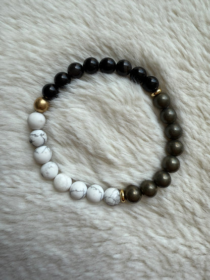 Bracelet en howlite, agate noire et pyrite